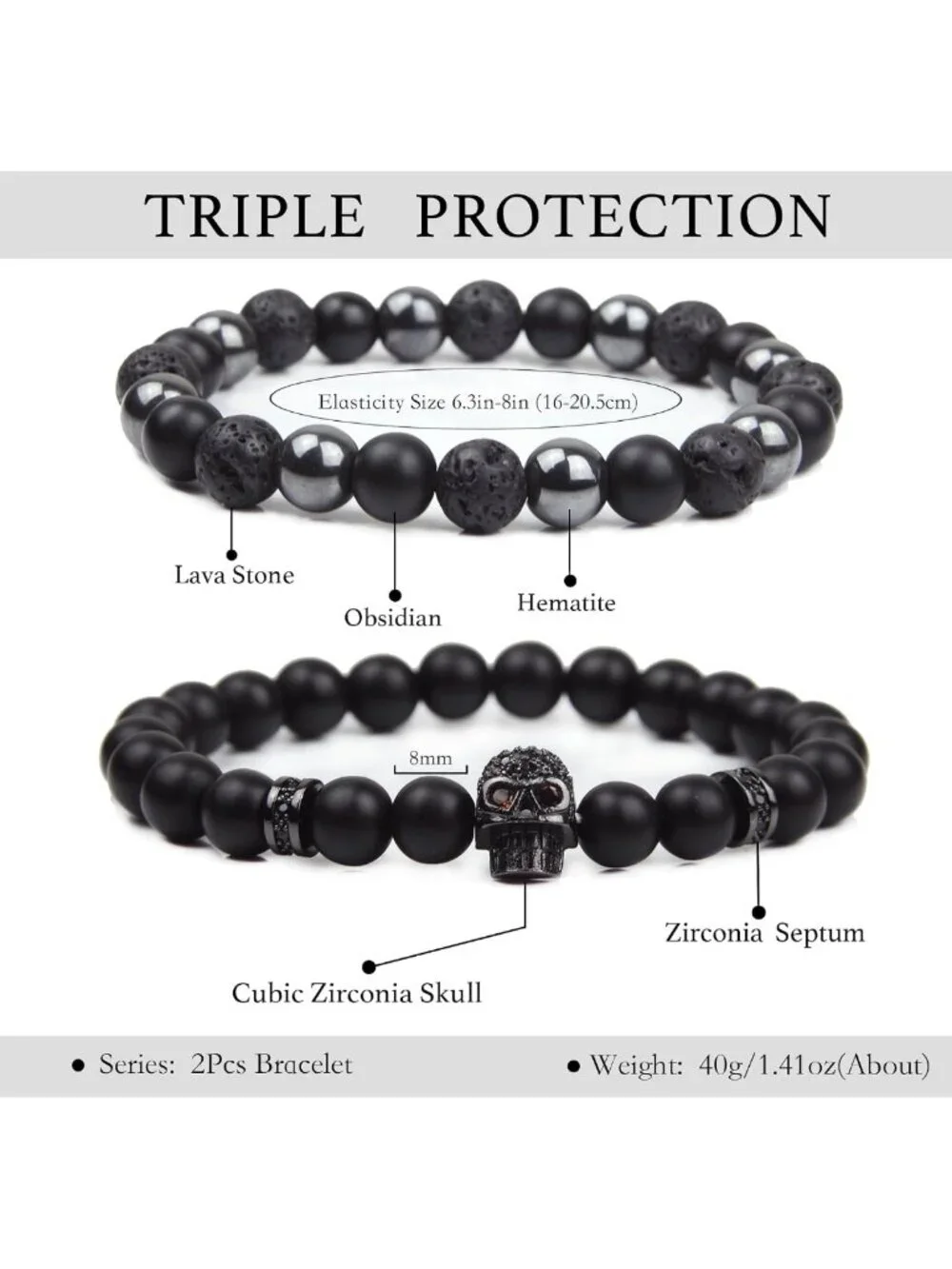 Men's Black Obsidian & Tourmaline Beaded Bracelet Set - 8MM Protection Jewelry